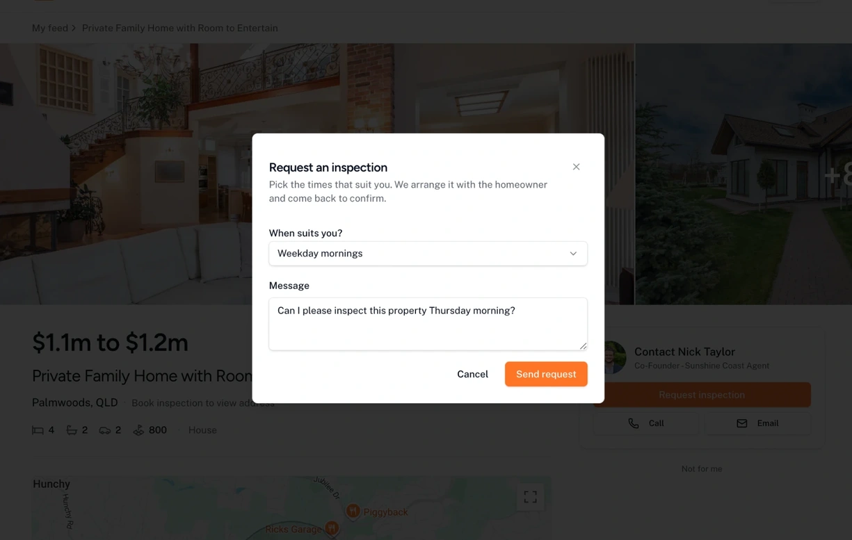 Buyer listing page with the request an inspection dialog open, showing the preferred time choice, a message to the homeowner and the send request button
