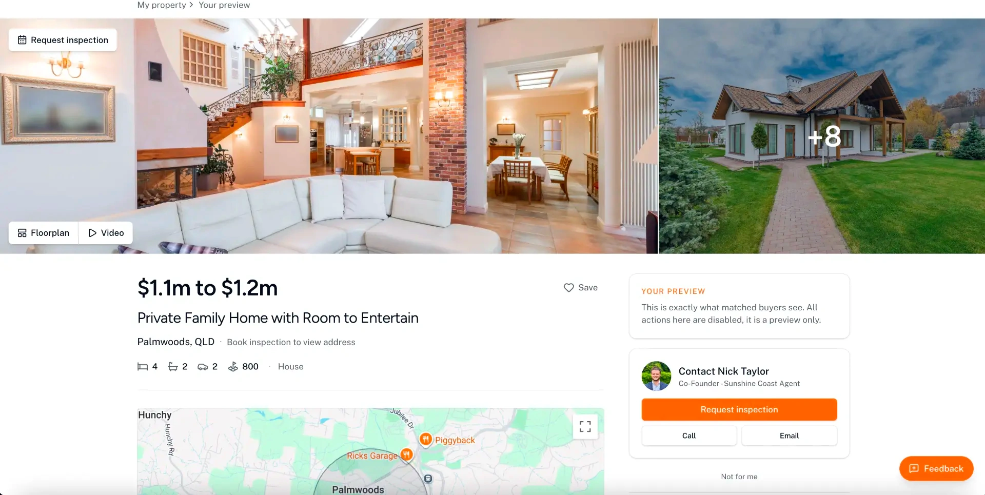 Off-market listing preview showing photos, price guide, suburb, bedrooms, bathrooms, car spaces, land size and the agent contact panel