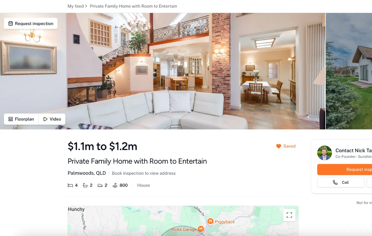 Buyer listing page showing the home photos, price guide, suburb, bedrooms, bathrooms, car spaces, land size, the location map and the agent contact panel