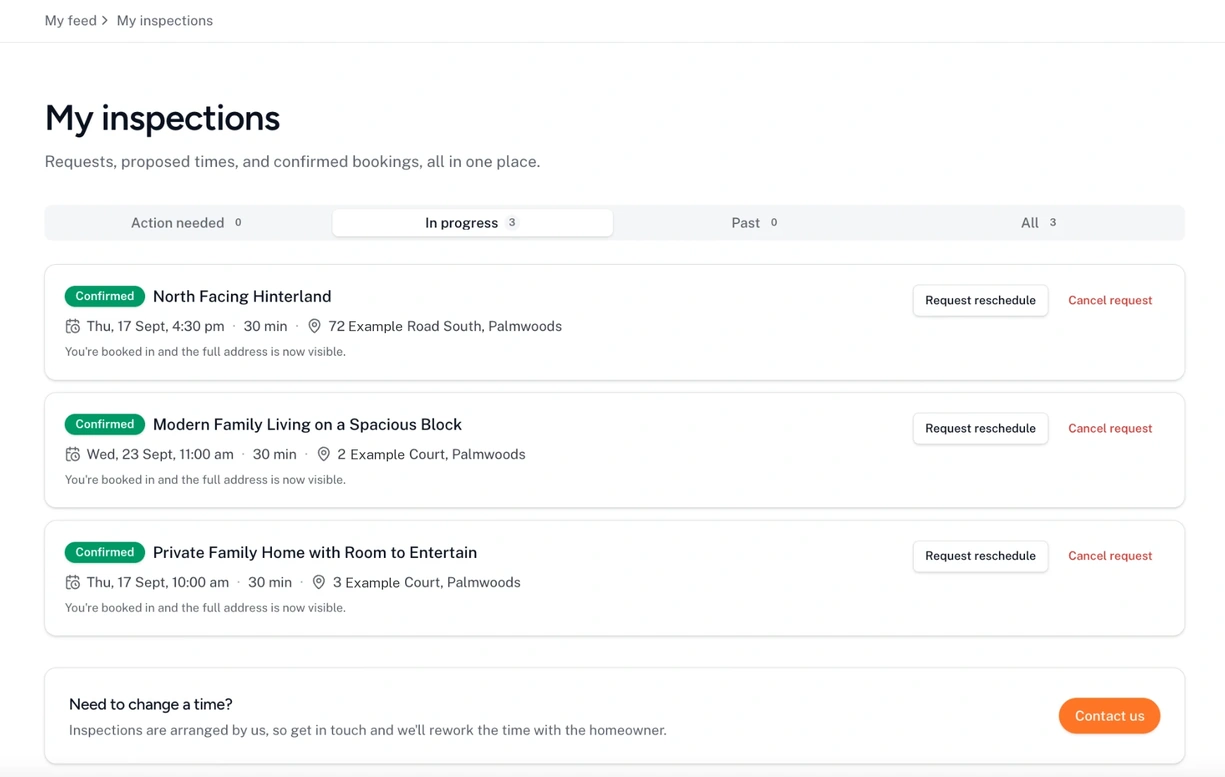 Buyer inspections page showing confirmed inspections with date, time, duration and address, and options to request a reschedule or cancel