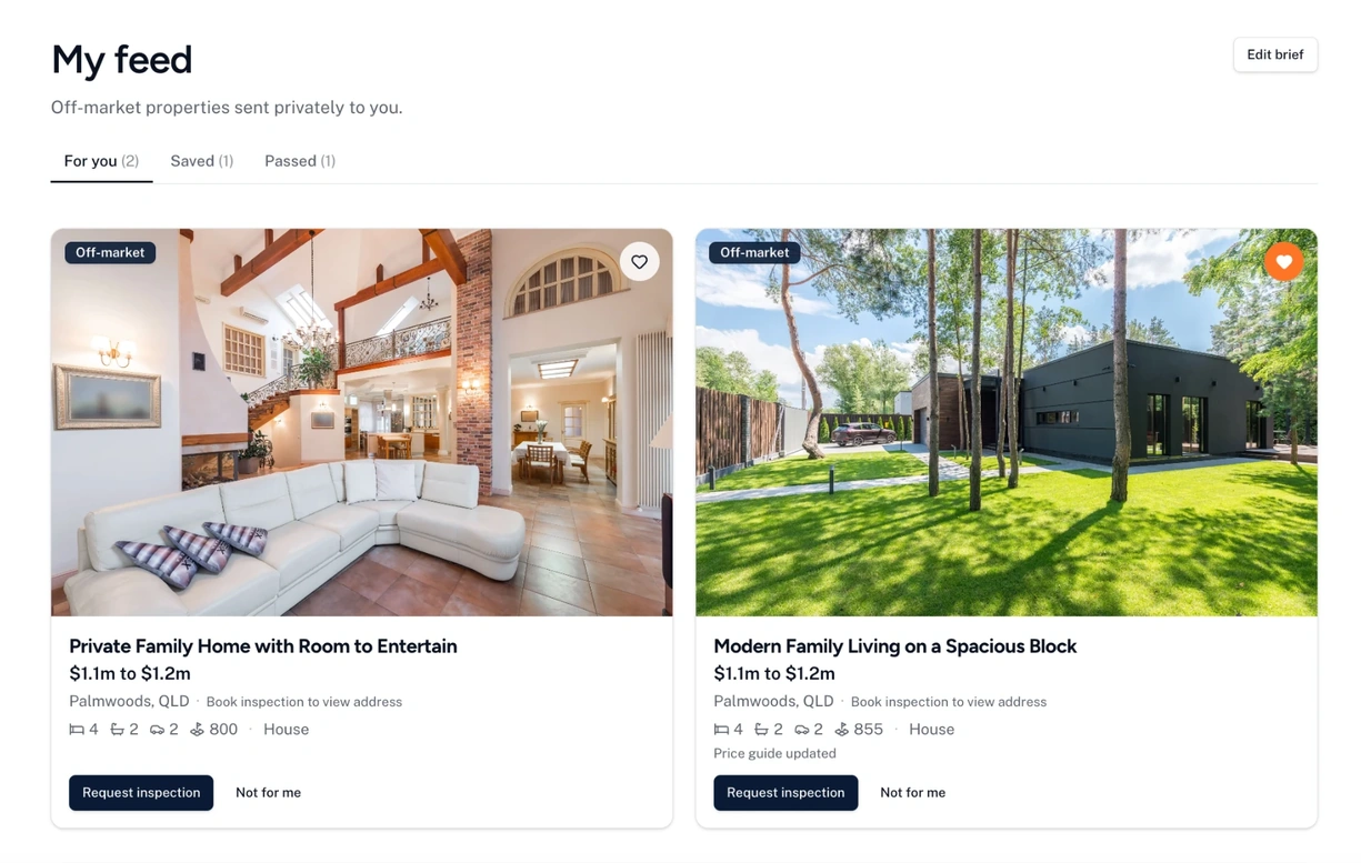 Buyer feed showing matched off-market homes with price guide, suburb, bedrooms, bathrooms, car spaces and land size