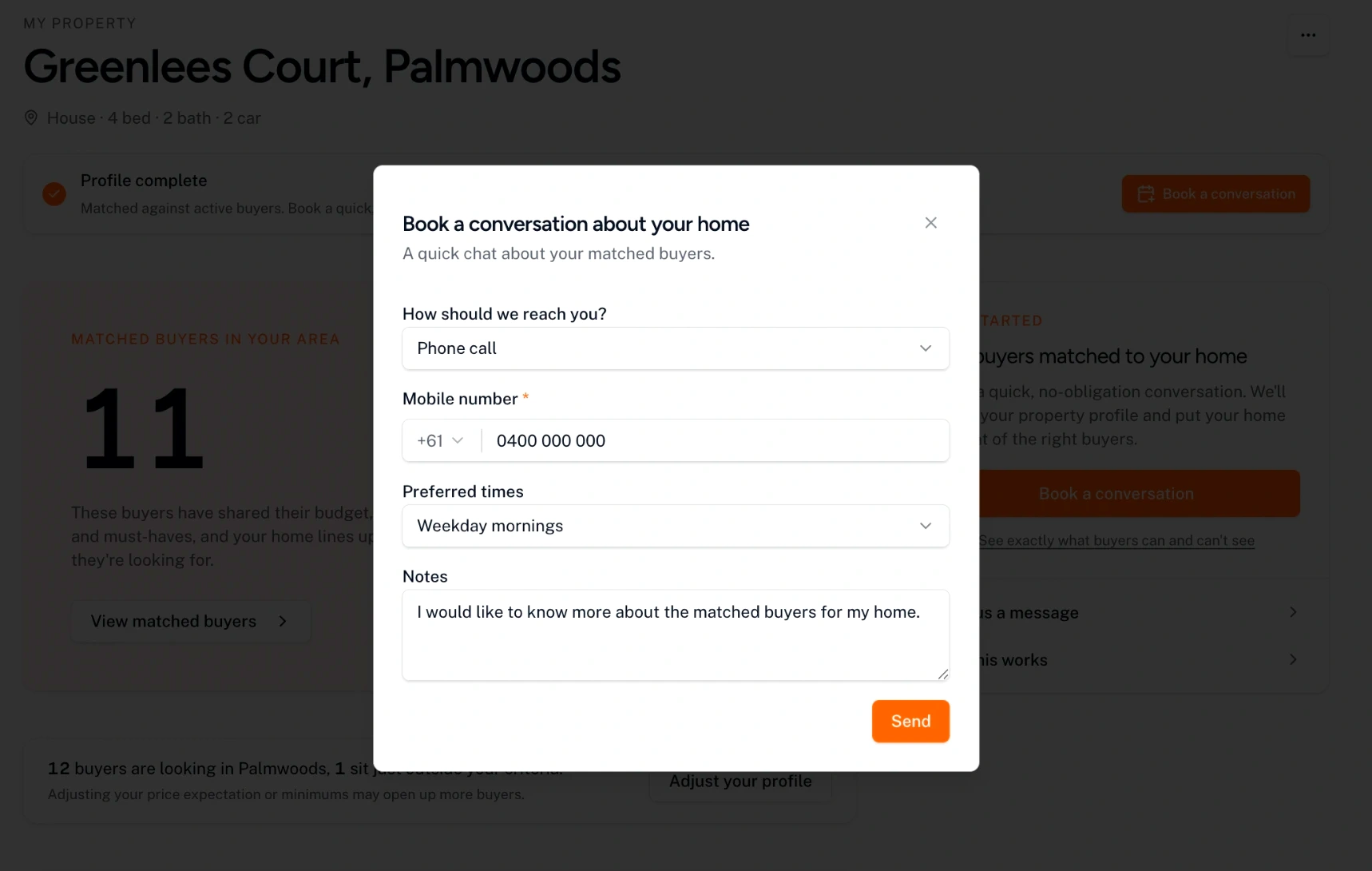 Homeowner portal dialog for booking a conversation, with contact method, mobile number and preferred times
