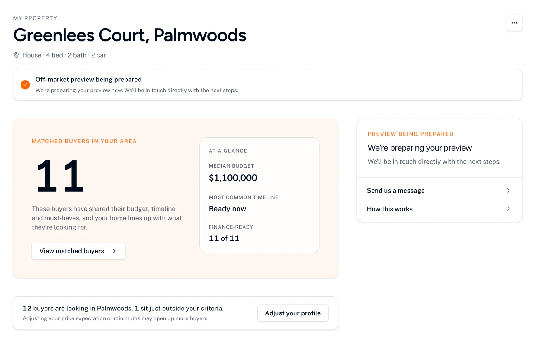 Homeowner portal property page showing the off-market preview being prepared status and matched buyer summary